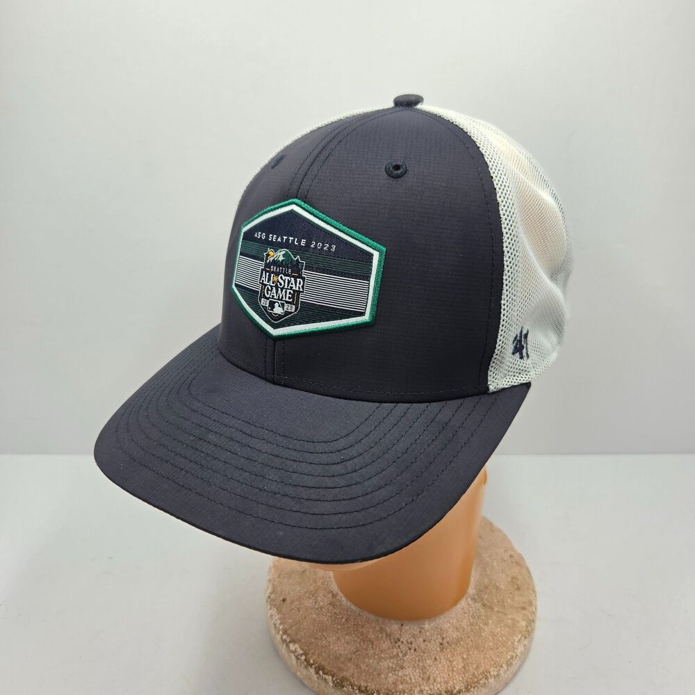MLB 2023 Seattle All Star Game 47 Brand Trucker Snapback Hat Navy Blue Mesh Cap